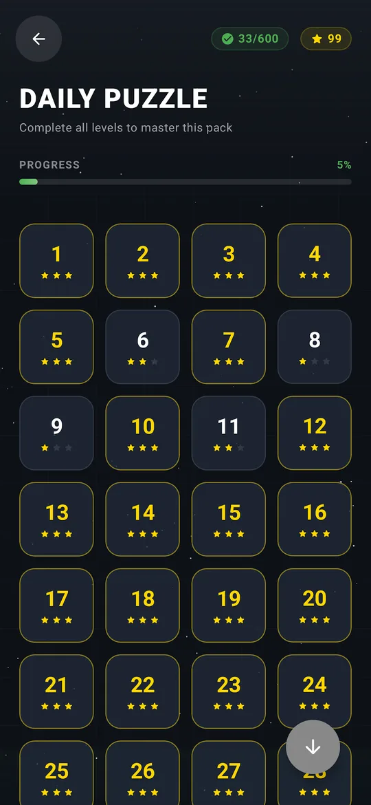 Dot Connect level select screen with difficulty ratings