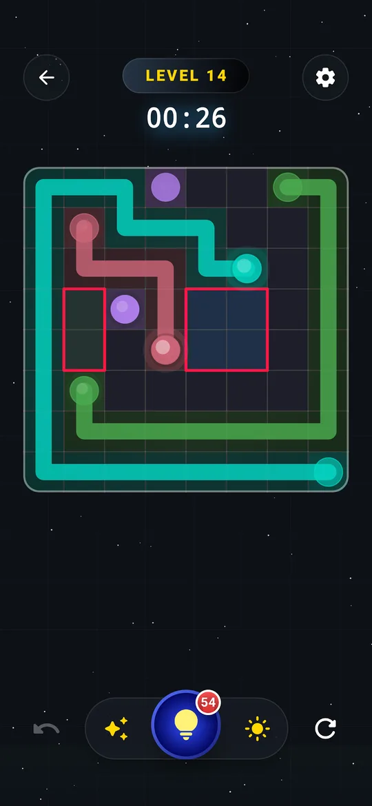 A Dot Connect board highlighting overlapping and blocked paths
